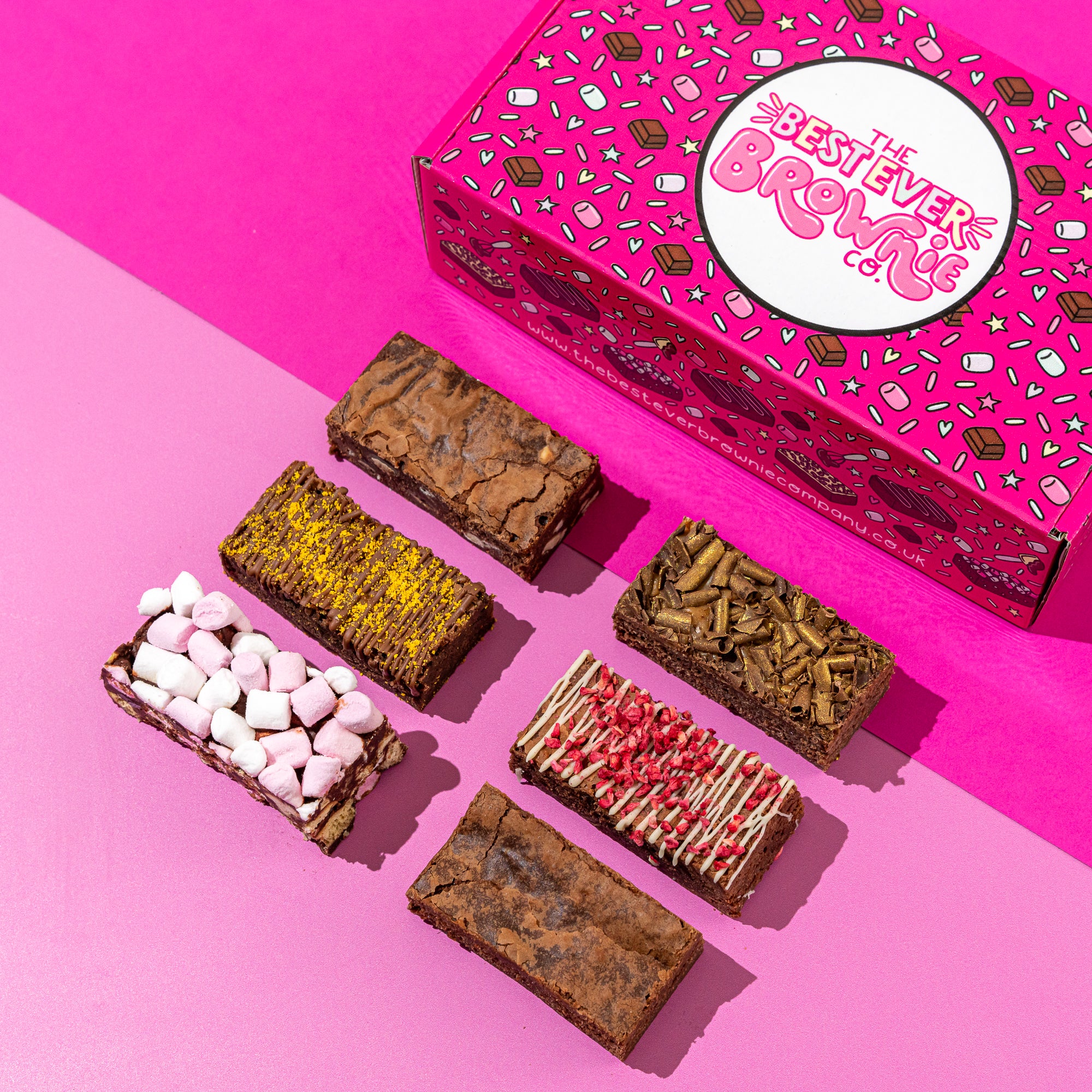 Fudgy, delicious brownies, in a stunning pink postal box.