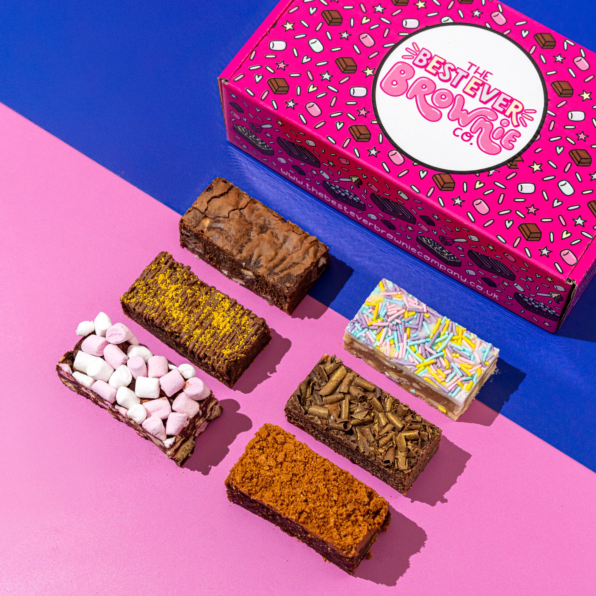 Six delicious fudgy brownies and a decorative pink postal box
