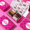 Six deliciously fudgy vegan brownies, mixed flavours, in a decorative and pretty pink postal box and packaging.